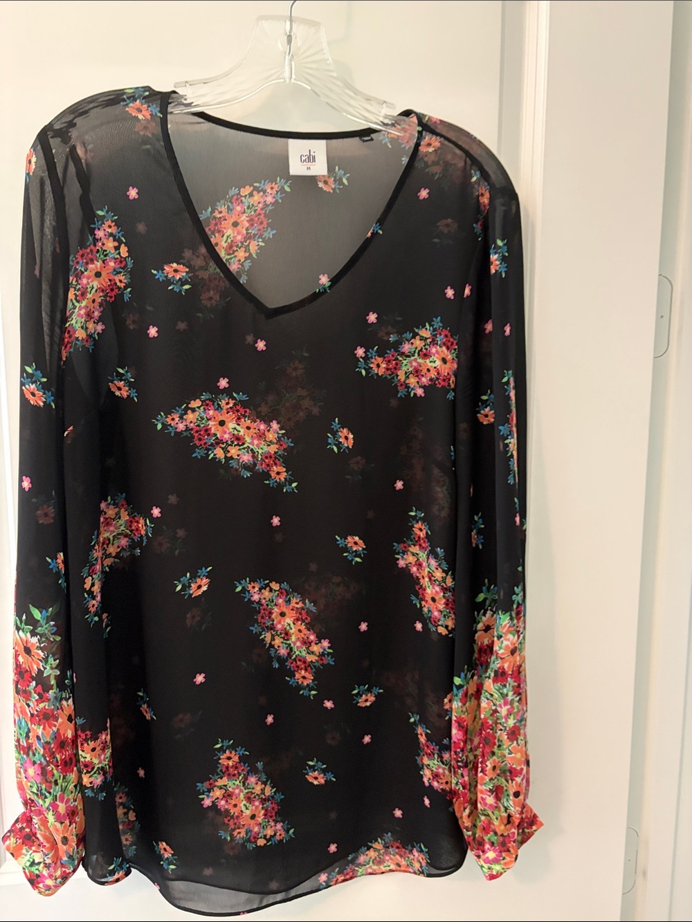 CABI sheer black long sleeve blouse